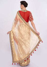 Golden Sheer Saree In Silk With Embroidered Border Online - Kalki Fashion