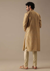 Golden Yellow Embroidered Kurta Set in Jacquard