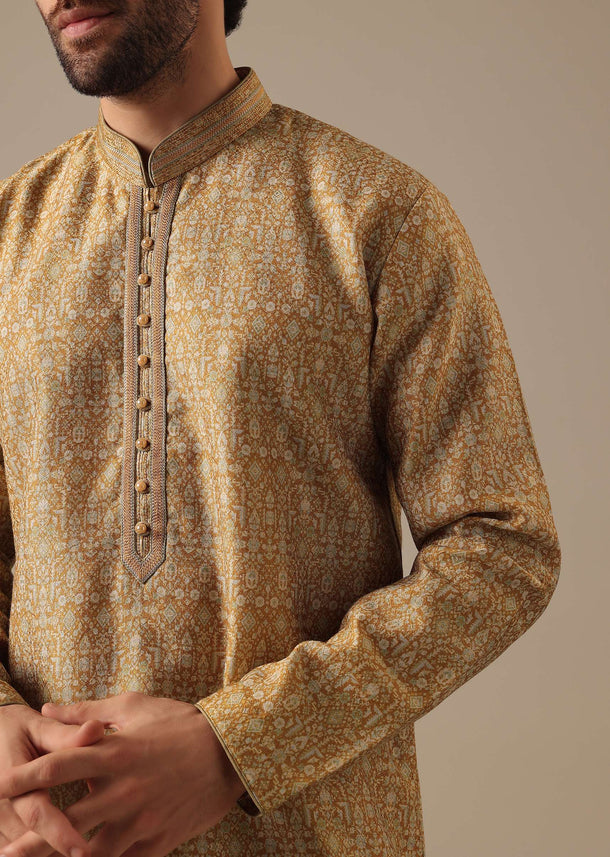 Golden Yellow Embroidered Kurta Set in Jacquard