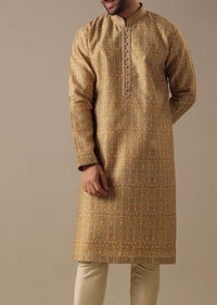 Golden Yellow Embroidered Kurta Set in Jacquard