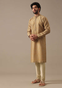 Golden Yellow Embroidered Kurta Set in Jacquard