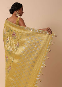 Golden Banarasi Khaddi Saree With Floral Print And Zari Work