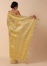 Golden Banarasi Khaddi Saree With Floral Print And Zari Work