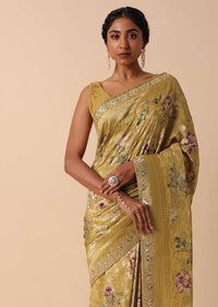 Golden Banarasi Khaddi Saree With Floral Print And Zari Work