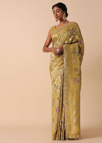 Golden Banarasi Khaddi Saree With Floral Print And Zari Work