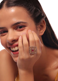 Golden Finger Ring With Ruby Red And White Stones