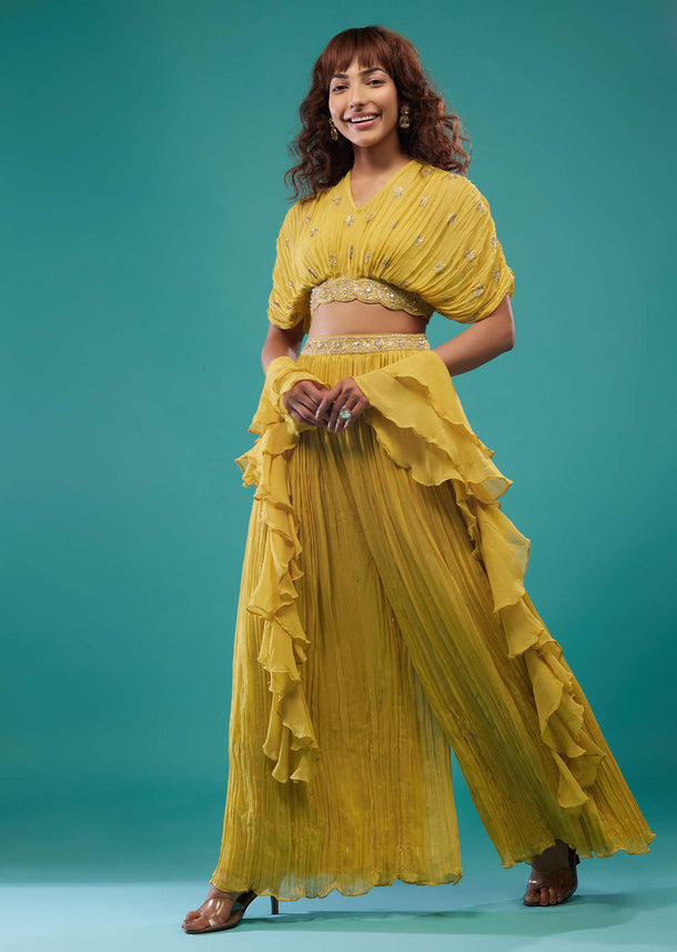 Cyber Yellow Hand-Embroidered Palazzo Crop-Top Set In Georgette