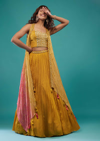 Amber Yellow Embroidered Skirt Crop-Top Set In Chinon