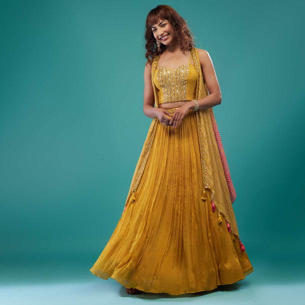 Amber Yellow Embroidered Skirt Crop-Top Set In Chinon