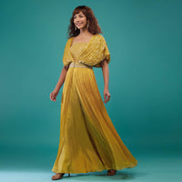 Marigold Yellow Hand-Embroidered Palazzo Crop-Top Set In Chinon