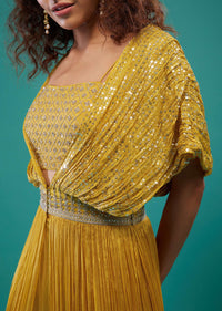 Marigold Yellow Hand-Embroidered Palazzo Crop-Top Set In Chinon