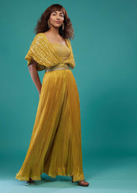 Marigold Yellow Hand-Embroidered Palazzo Crop-Top Set In Chinon