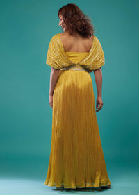 Marigold Yellow Hand-Embroidered Palazzo Crop-Top Set In Chinon