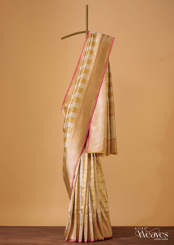 Golden Handloom Banarasi Saree In Tissue Fabric With Silver-Gold Abstract Weave And Unstitched Blouse