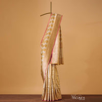 Golden Handloom Banarasi Saree In Tissue Fabric With Silver-Gold Abstract Weave And Unstitched Blouse