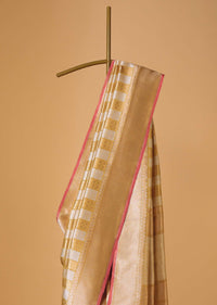 Golden Handloom Banarasi Saree In Tissue Fabric With Silver-Gold Abstract Weave And Unstitched Blouse