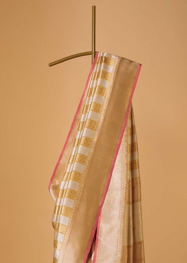 Golden Handloom Banarasi Saree In Tissue Fabric With Silver-Gold Abstract Weave And Unstitched Blouse