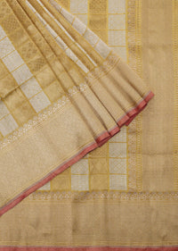 Golden Handloom Banarasi Saree In Tissue Fabric With Silver-Gold Abstract Weave And Unstitched Blouse