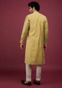 Gold Toned Silk Kurta Set In Thread Work