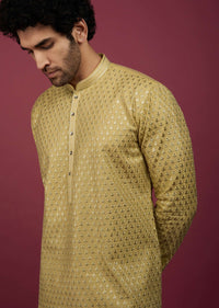 Gold Toned Silk Kurta Set In Thread Work