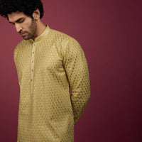 Gold Toned Silk Kurta Set In Thread Work