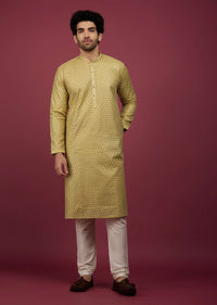 Gold Toned Silk Kurta Set In Thread Work