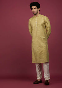 Gold Toned Silk Kurta Set In Thread Work