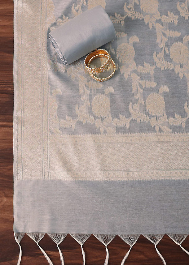 Golden Horizon Banarasi Silk Woven Dress Material Suit Set in Gold And Light Blue