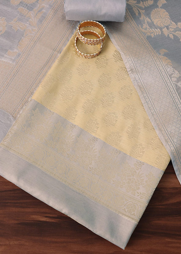 Golden Horizon Banarasi Silk Woven Dress Material Suit Set in Gold And Light Blue