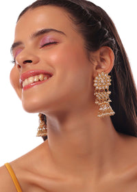 Golden Jhumka In A Geomitric-Floral Design Adorned With White Stones