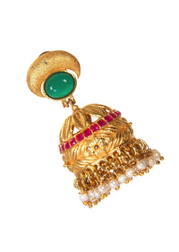 Golden Jhumkas Carved With Kundan And White Pearls only on Kalki