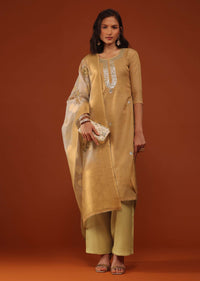 Golden Kurti And Palazzo Set In Chanderi Silk With Gotta Work