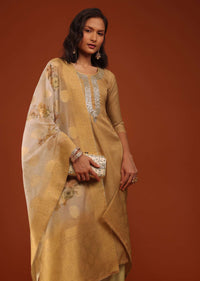 Golden Kurti And Palazzo Set In Chanderi Silk With Gotta Work