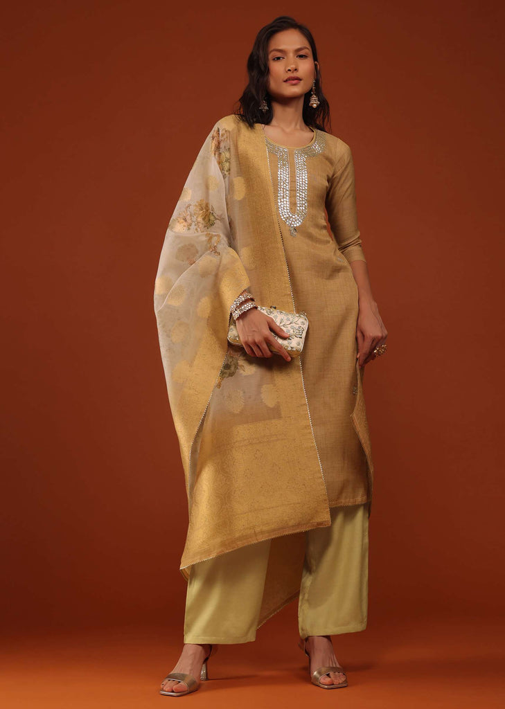 Golden Kurti And Palazzo Set In Chanderi Silk With Gotta Work