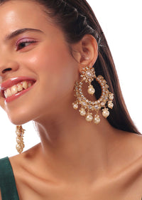 Golden Loop-Styled Earrings With Floral Design And Stone Work