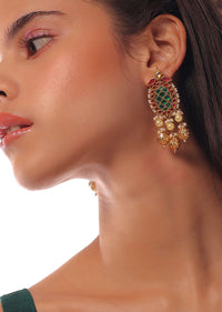 Golden Necklace & Earrings Set With Meenakari Work