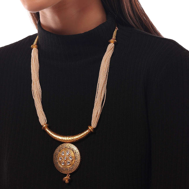 Golden Necklace With Moti Beads, Large Pendant And Golden Adjustable Dori