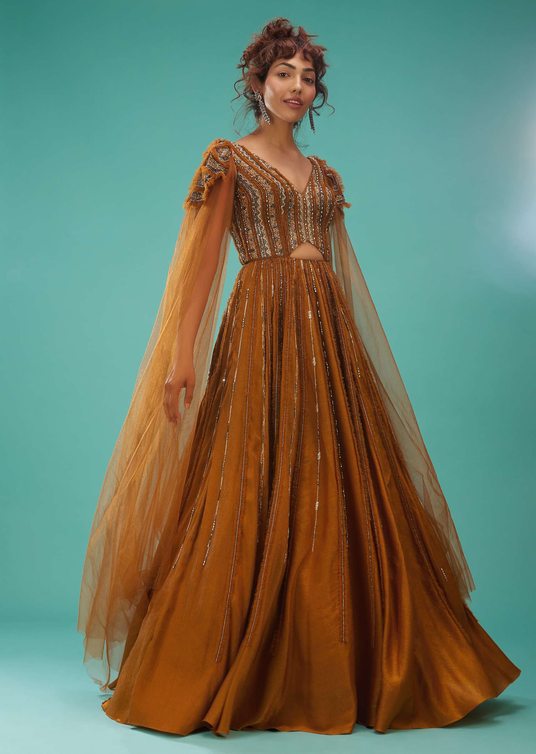 Rust Orange Ball Gown With Ruffle Frills And Embroidery