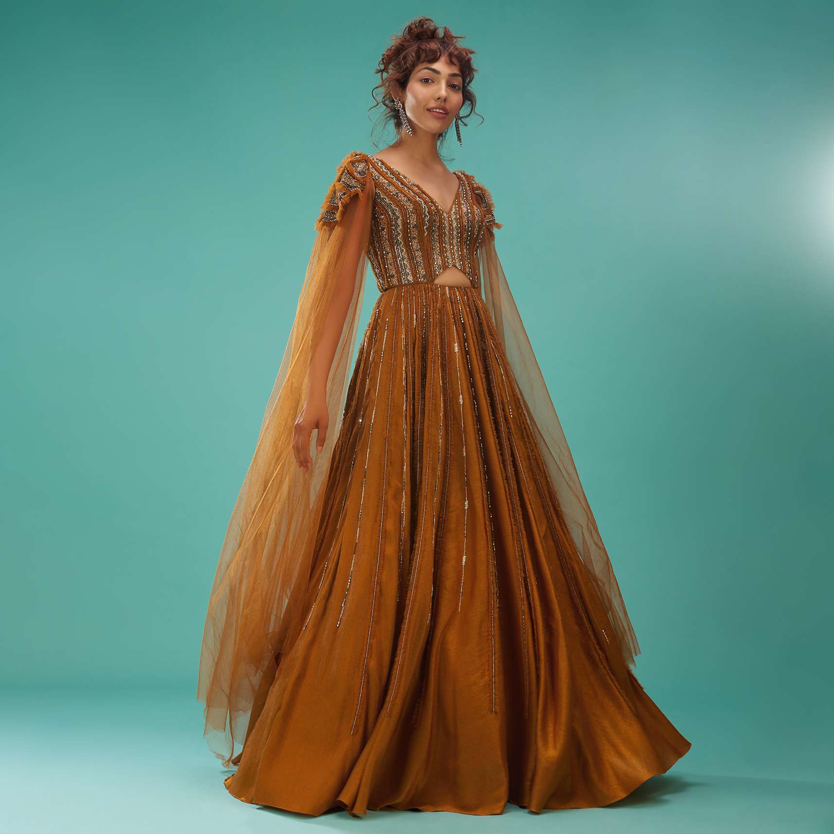 Rust Orange Ball Gown With Ruffle Frills And Embroidery