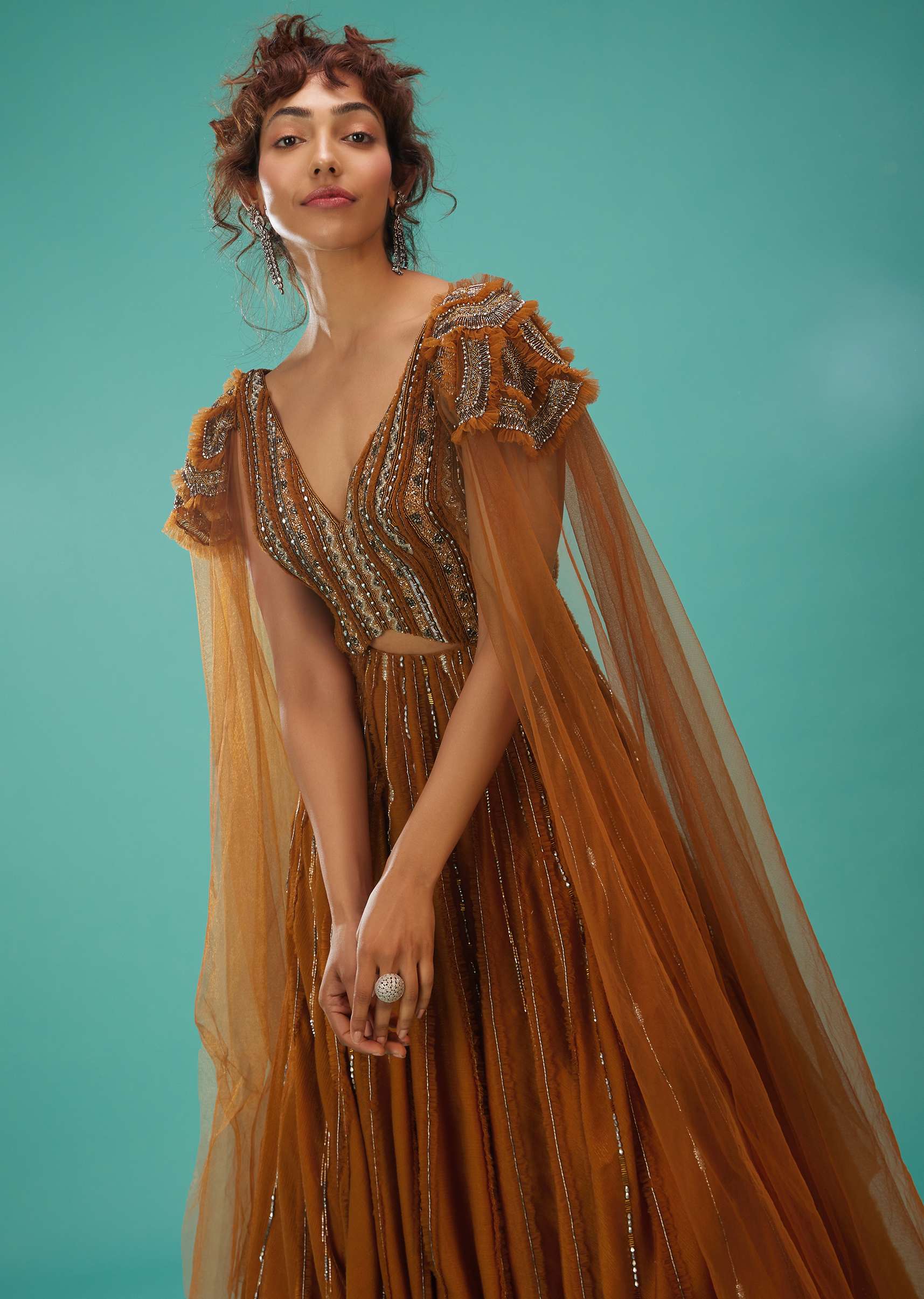 Rust Orange Ball Gown With Ruffle Frills And Embroidery