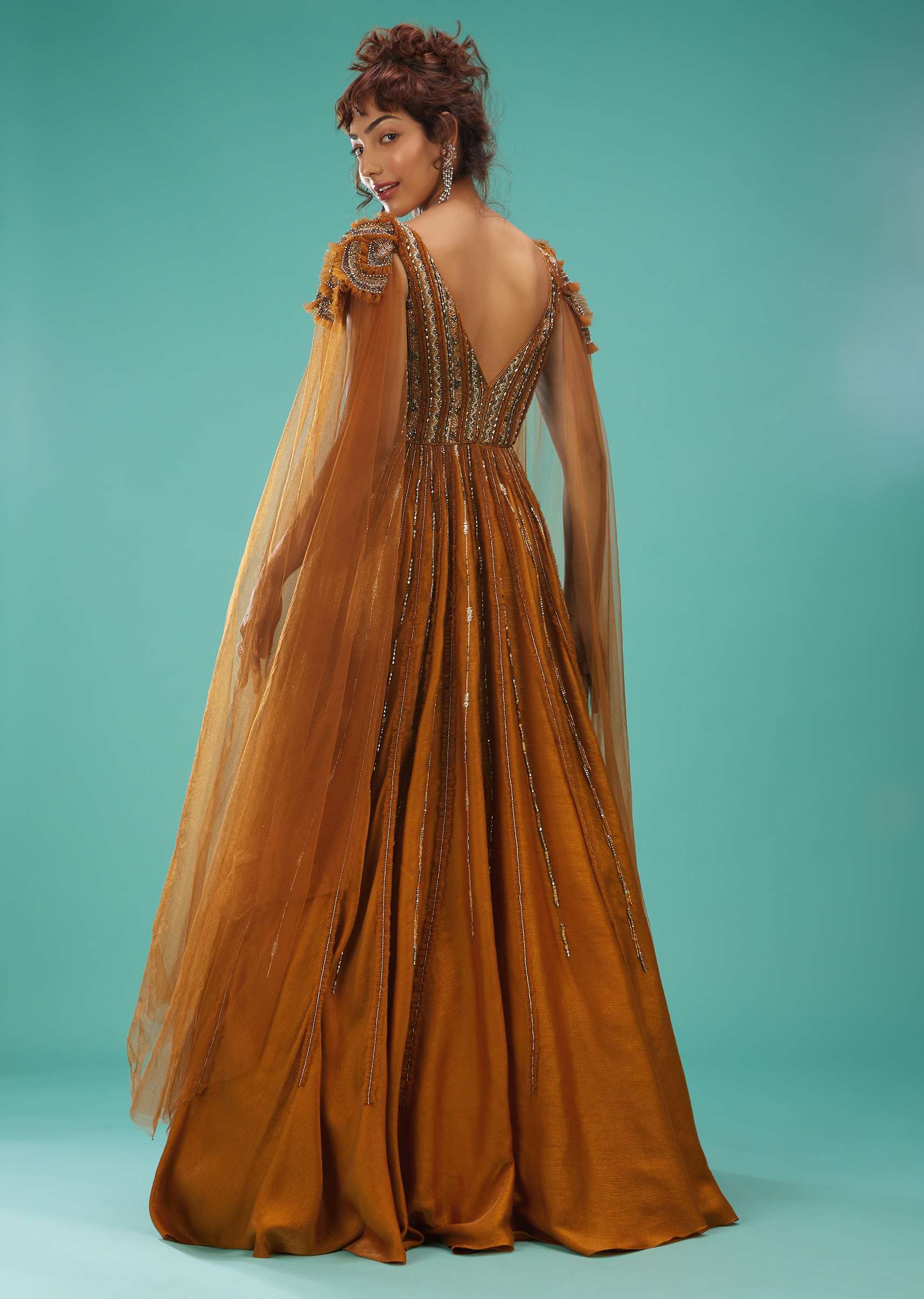 Rust Orange Ball Gown With Ruffle Frills And Embroidery