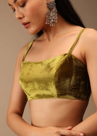 Golden Olive Green Blouse In Velvet With Strap Sleeves And Straight Across Neckline