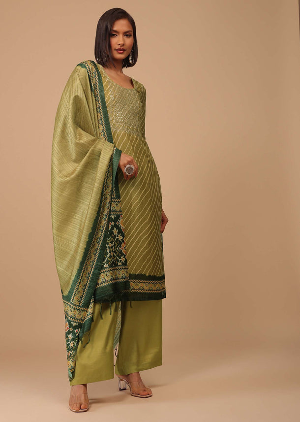 Olive Green Embroidered Leheriya Printed Chanderi Palazzo Suit With Printed Dupatta