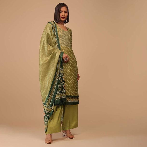 Olive Green Embroidered Leheriya Printed Chanderi Palazzo Suit With Printed Dupatta