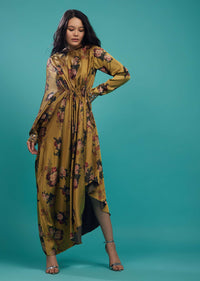 Ocher Yellow Silk Gown In Floral Print