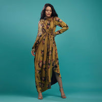 Ocher Yellow Silk Gown In Floral Print
