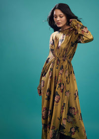 Ocher Yellow Silk Gown In Floral Print