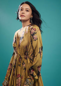 Ocher Yellow Silk Gown In Floral Print