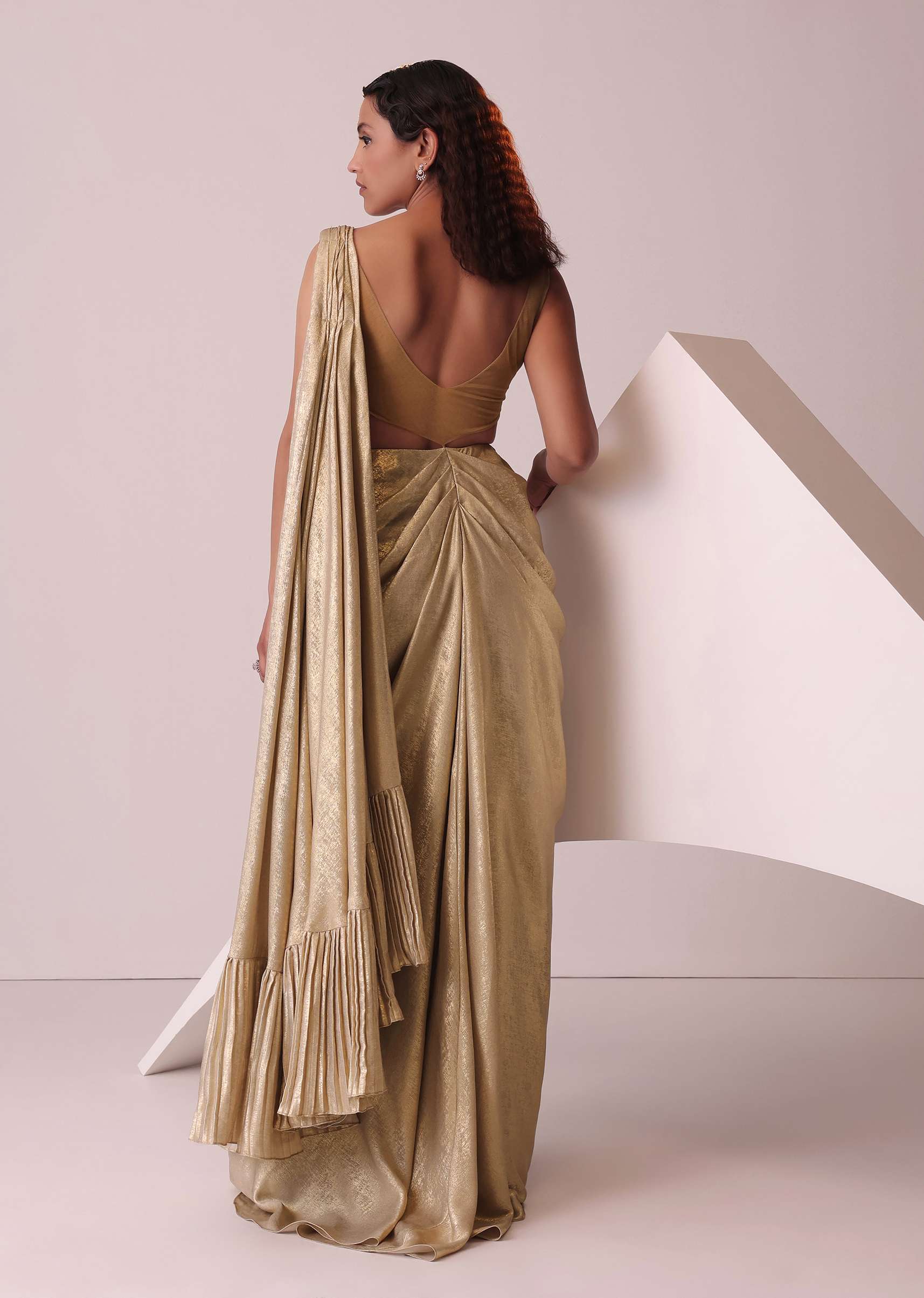 Golden Ready-To-Wear Embroidered Saree Gown In Gold Foil Fabric