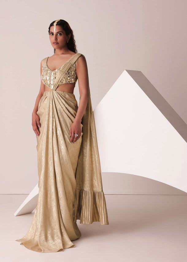 Golden Ready-To-Wear Embroidered Saree Gown In Gold Foil Fabric